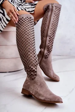 Damskie Boto Zamszowe Kozaki Z Ażurowym Wzorem Ciemnobeżowe Arinna