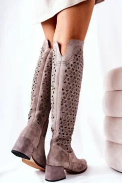 Boto Kozaki Za Kolano|Kozaki Wiosenne*Zamszowe Kozaki Z Ażurowym Wzorem Jasnobrązowe Hekilea