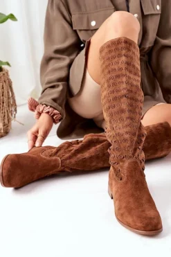 Damskie Boto Zamszowe Kozaki Z Ażurowym Wzorem Brązowe Montana