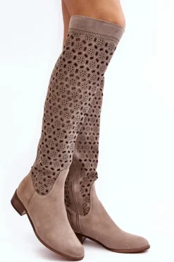 Damskie Boto Zamszowe Kozaki Z Ażurowym Wzorem Beżowe Pointe