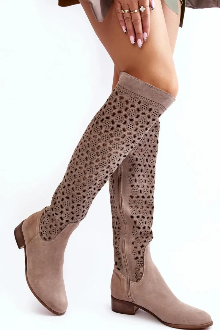 Damskie Boto Zamszowe Kozaki Z Ażurowym Wzorem Beżowe Pointe