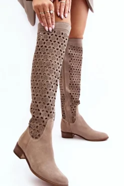Damskie Boto Zamszowe Kozaki Z Ażurowym Wzorem Beżowe Pointe