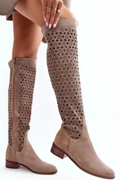 Damskie Boto Zamszowe Kozaki Z Ażurowym Wzorem Beżowe Pointe