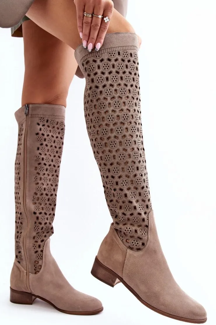 Damskie Boto Zamszowe Kozaki Z Ażurowym Wzorem Beżowe Pointe