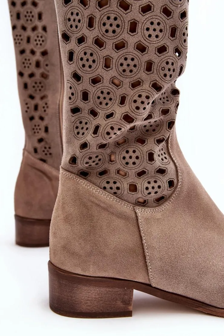 Damskie Boto Zamszowe Kozaki Z Ażurowym Wzorem Beżowe Pointe