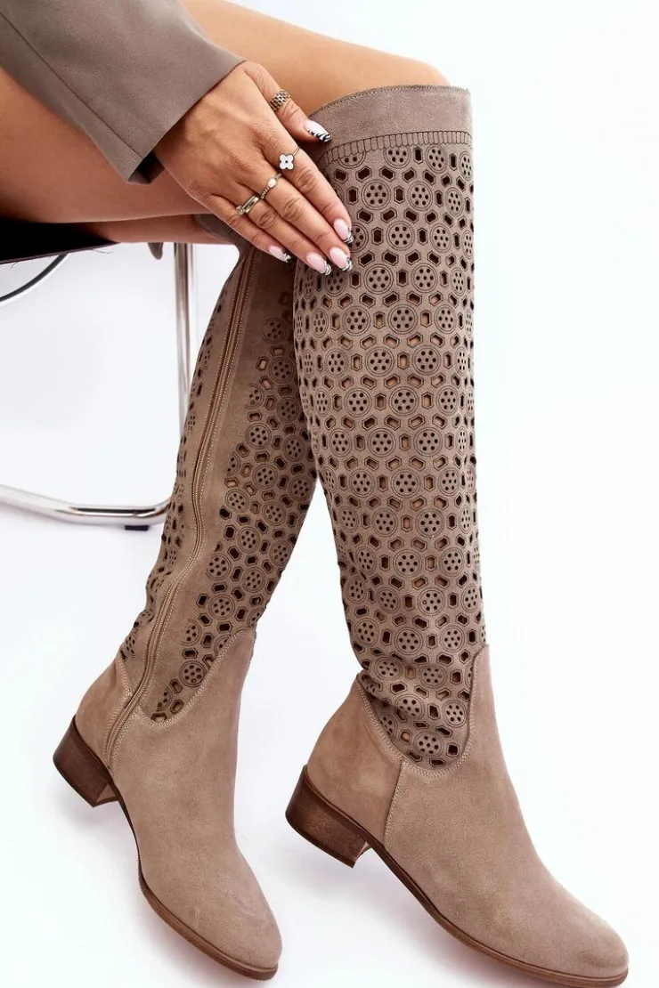 Damskie Boto Zamszowe Kozaki Z Ażurowym Wzorem Beżowe Pointe