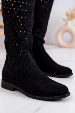 Hot Damskie buty S.Barski Zamszowe Kozaki Z Ażurowym Wzorem Czarne Darnell