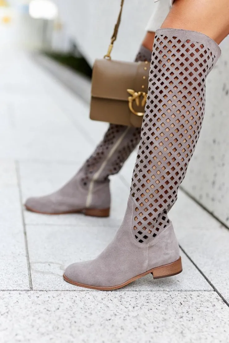 Clearance Boto Zamszowe Kozaki Z Ażurowym Wzorem Jasnobrązowe Arinna