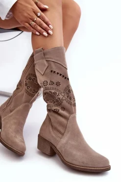 Boto Kozaki Wiosenne|Kozaki Ażurowe*Zamszowe Kozaki Z Ażurowym Wzorem Cappuccino Sierra