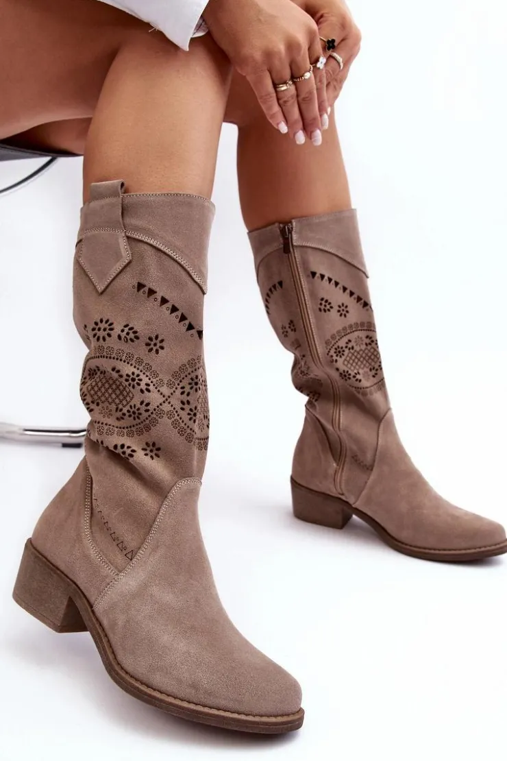 Boto Kozaki Wiosenne|Kozaki Ażurowe*Zamszowe Kozaki Z Ażurowym Wzorem Cappuccino Sierra