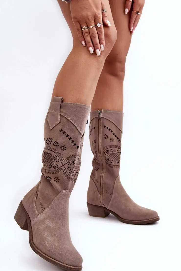 Boto Kozaki Wiosenne|Kozaki Ażurowe*Zamszowe Kozaki Z Ażurowym Wzorem Cappuccino Sierra
