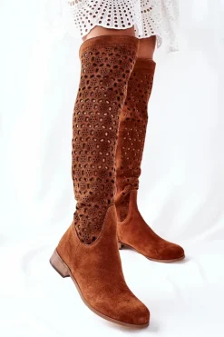 Damskie Boto Zamszowe Kozaki Z Ażurowym Wzorem Brązowe Pointe