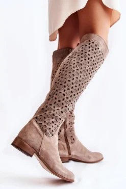 Discount Boto Zamszowe Kozaki Z Ażurowym Wzorem Ciemnobeżowe Pointe