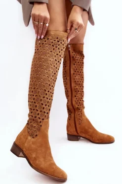 Outlet Boto Zamszowe Kozaki Z Ażurowym Wzorem Camel Pointe