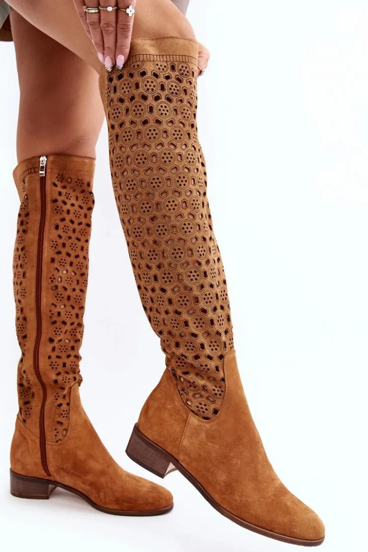 Outlet Boto Zamszowe Kozaki Z Ażurowym Wzorem Camel Pointe
