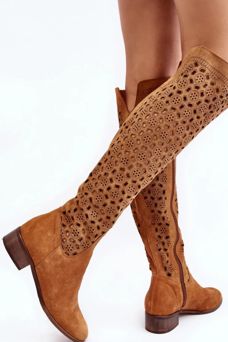 Outlet Boto Zamszowe Kozaki Z Ażurowym Wzorem Camel Pointe