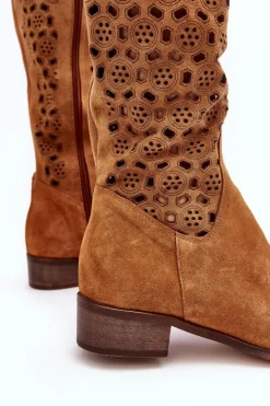 Outlet Boto Zamszowe Kozaki Z Ażurowym Wzorem Camel Pointe