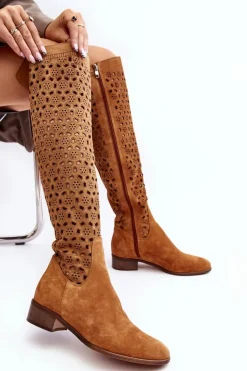 Outlet Boto Zamszowe Kozaki Z Ażurowym Wzorem Camel Pointe