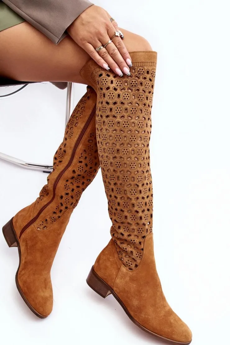Outlet Boto Zamszowe Kozaki Z Ażurowym Wzorem Camel Pointe