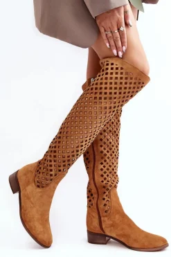 Boto Muszkieterki|Kozaki Wiosenne*Zamszowe Kozaki Z Ażurowym Wzorem Camel Arinna