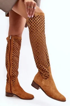 Boto Muszkieterki|Kozaki Wiosenne*Zamszowe Kozaki Z Ażurowym Wzorem Camel Arinna