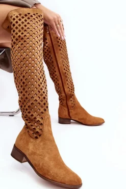Boto Muszkieterki|Kozaki Wiosenne*Zamszowe Kozaki Z Ażurowym Wzorem Camel Arinna