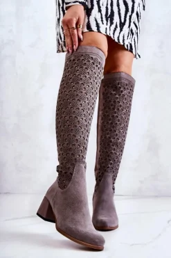 Damskie Boto Zamszowe Kozaki Z Ażurowym Wzorem Szare Hekilea