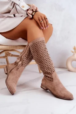 Damskie buty S.Barski Kozaki Wiosenne|Kozaki Płaskie*Zamszowe Kozaki Z Ażurowym Wzorem Beżowe Darnell