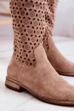 Damskie buty S.Barski Kozaki Wiosenne|Kozaki Płaskie*Zamszowe Kozaki Z Ażurowym Wzorem Beżowe Darnell