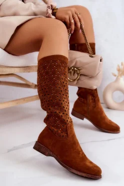 Damskie Damskie buty S.Barski Zamszowe Kozaki Z Ażurowym Wzorem Camel Darnell