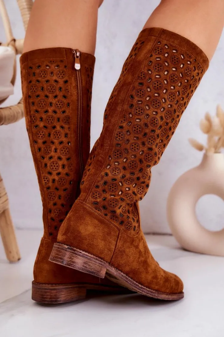 Damskie Damskie buty S.Barski Zamszowe Kozaki Z Ażurowym Wzorem Camel Darnell