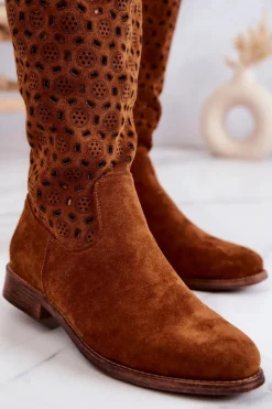 Damskie Damskie buty S.Barski Zamszowe Kozaki Z Ażurowym Wzorem Camel Darnell