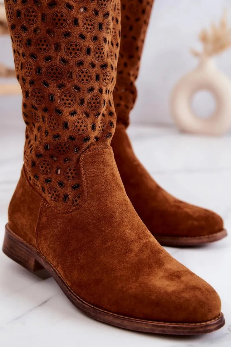 Damskie Damskie buty S.Barski Zamszowe Kozaki Z Ażurowym Wzorem Camel Darnell