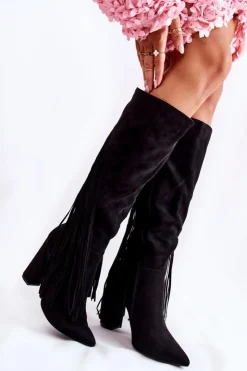 Damskie Boto Zamszowe Kozaki Z Frędzlami Czarne Avilla