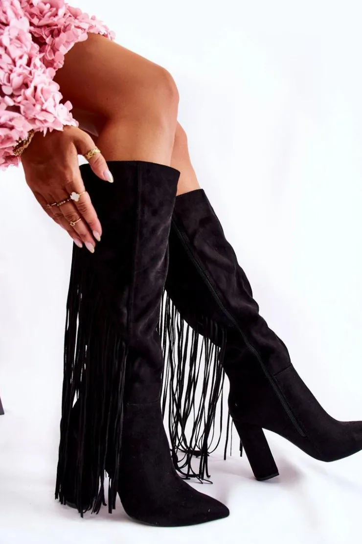 Damskie Boto Zamszowe Kozaki Z Frędzlami Czarne Avilla
