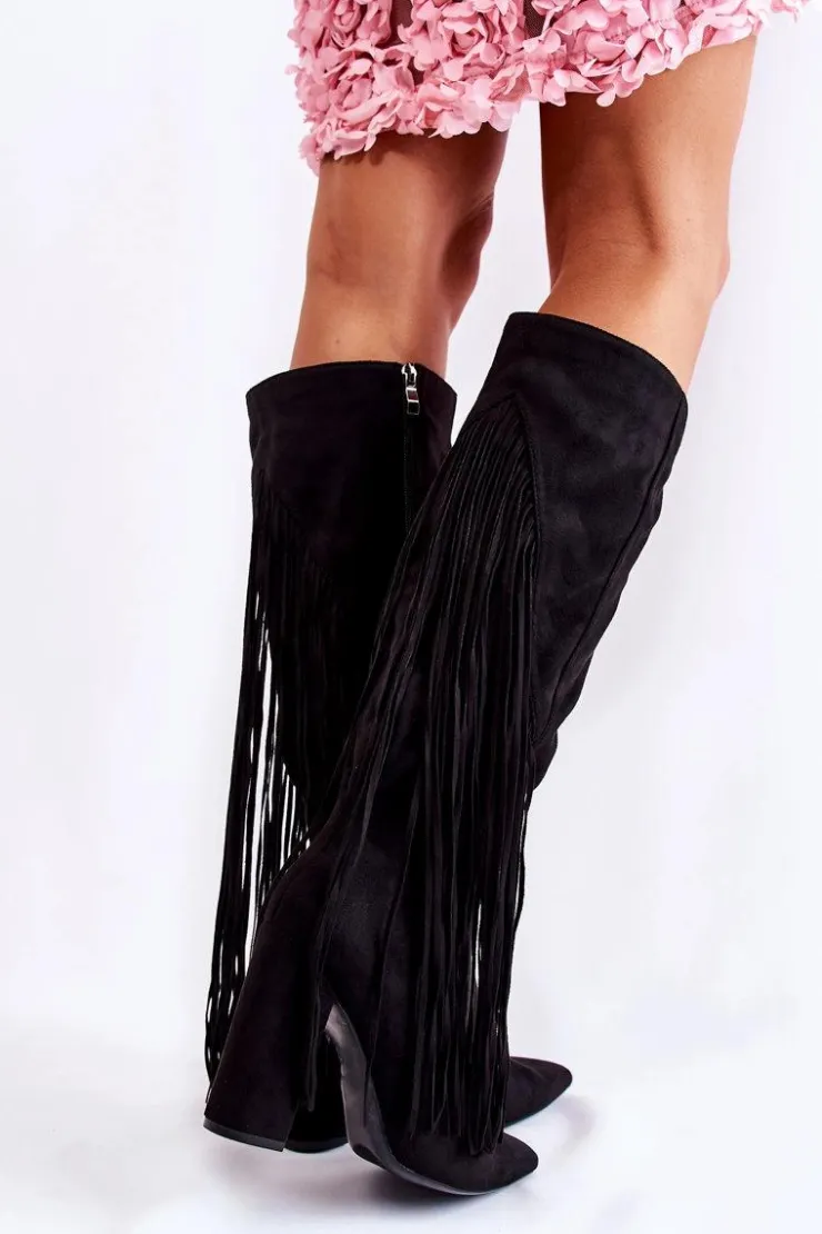 Damskie Boto Zamszowe Kozaki Z Frędzlami Czarne Avilla