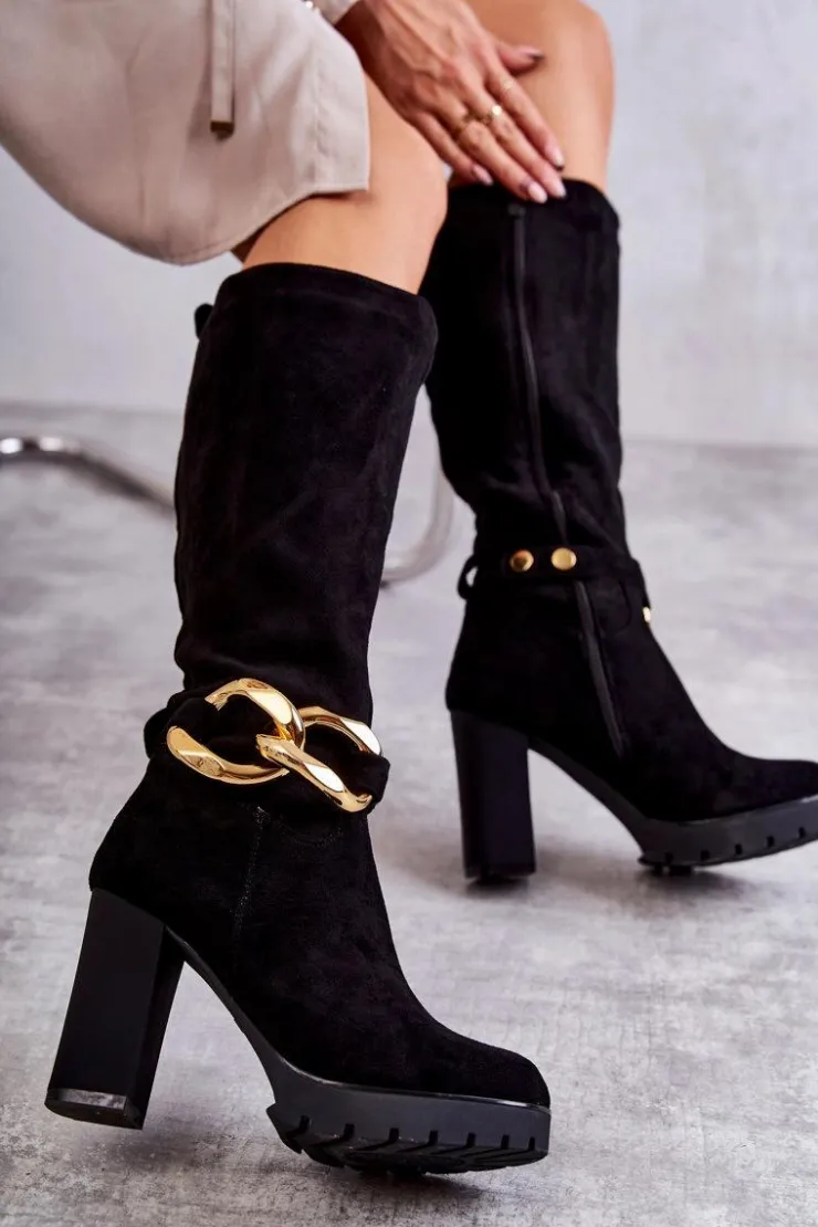 Clearance Boto Zamszowe Kozaki Z Odpinanym Łańcuchem Czarne Jackson