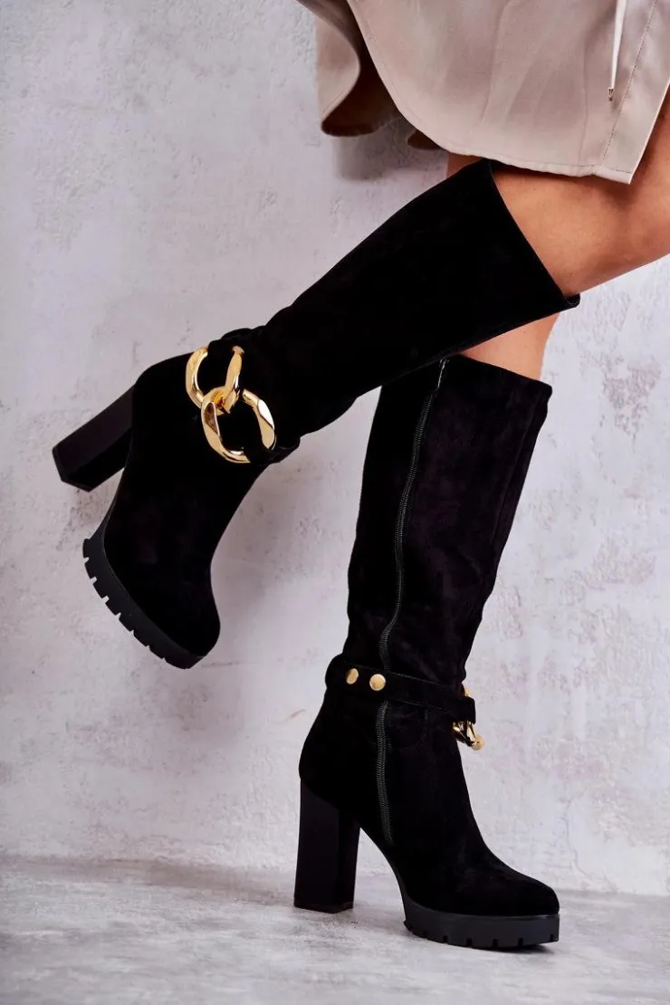 Clearance Boto Zamszowe Kozaki Z Odpinanym Łańcuchem Czarne Jackson