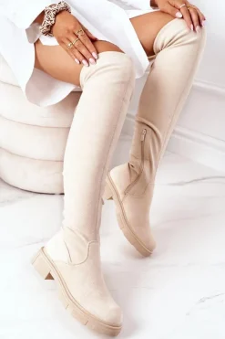 Boto Kozaki Wiosenne|Kozaki Płaskie*Zamszowe Kozaki Za Kolano Beżowe Selina