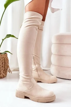 Boto Kozaki Wiosenne|Kozaki Płaskie*Zamszowe Kozaki Za Kolano Beżowe Selina
