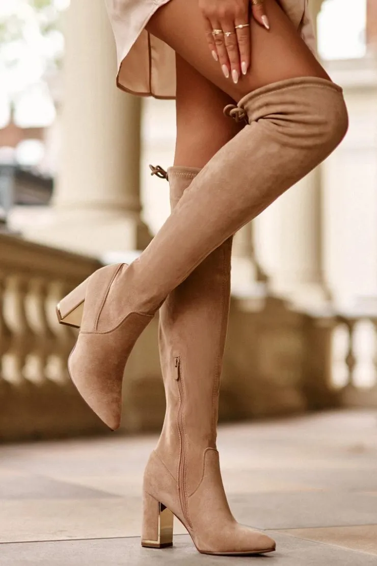 Damskie Boto Zamszowe Kozaki Za Kolano Na Słupku Beżowe Amalitas
