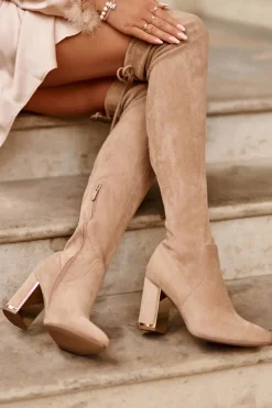 Damskie Boto Zamszowe Kozaki Za Kolano Na Słupku Beżowe Amalitas