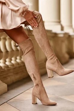 Damskie Boto Zamszowe Kozaki Za Kolano Na Słupku Beżowe Amalitas