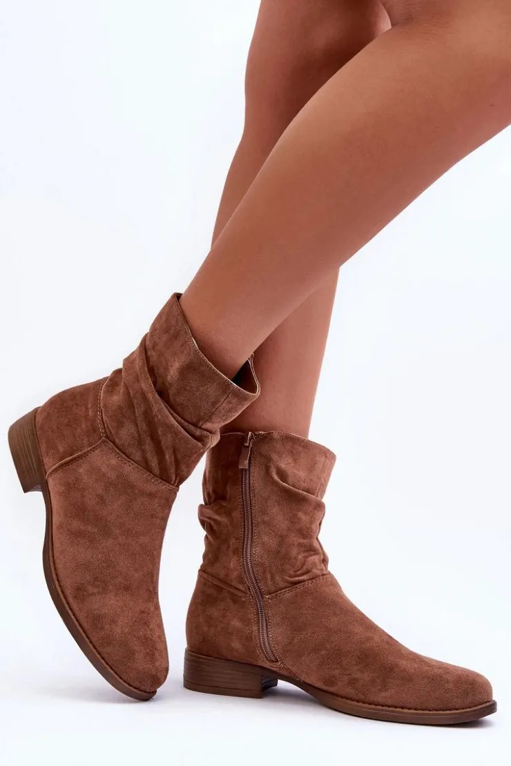 Boto Botki Wiosenne|Brązowe I Beżowe Botki*Zamszowe Marszczone Botki Na Płaskim Obcasie Brązowe Manuvia