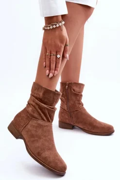 Boto Botki Wiosenne|Brązowe I Beżowe Botki*Zamszowe Marszczone Botki Na Płaskim Obcasie Brązowe Manuvia