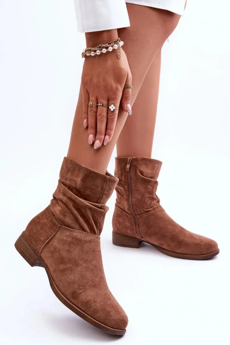 Boto Botki Wiosenne|Brązowe I Beżowe Botki*Zamszowe Marszczone Botki Na Płaskim Obcasie Brązowe Manuvia