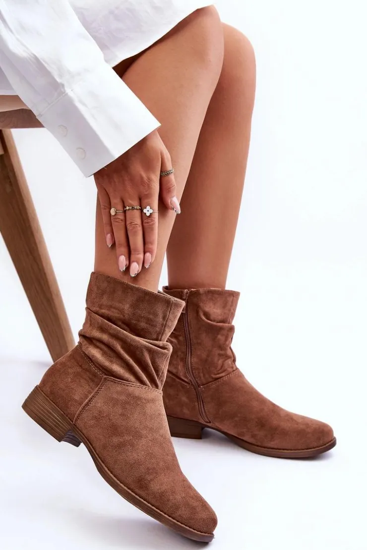 Boto Botki Wiosenne|Brązowe I Beżowe Botki*Zamszowe Marszczone Botki Na Płaskim Obcasie Brązowe Manuvia