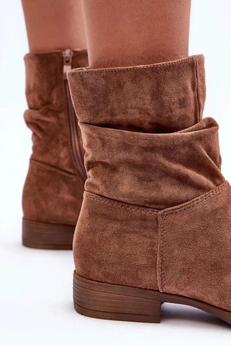 Boto Botki Wiosenne|Brązowe I Beżowe Botki*Zamszowe Marszczone Botki Na Płaskim Obcasie Brązowe Manuvia