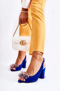 Boto Zamszowe Modne Czółenka Sandały Z Kryształkami Granatowe Nolissa