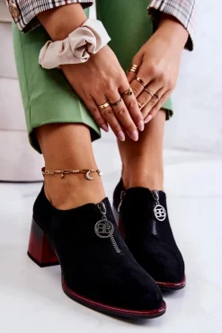 Damskie buty S.Barski Półbuty Lakierowane*Zamszowe Modne Półbuty Na Słupku Czarno-Czerwone Lorena